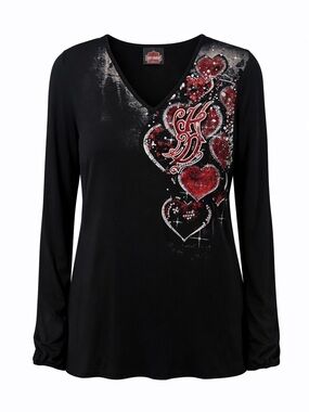 Harley-Davidson Black Long-Sleeve V-Neck Top with Red Heart Embellishments Y2K